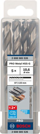 Mata Bor Puntir PRO Metal HSS-G Panjang Standar, 10,6 x 87 x 133 mm, 5 buah Mata bor Bosch PRO Metal HSS-G 10,6 mm isi 5