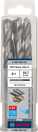 Mata Bor Puntir PRO Metal HSS-G Panjang Standar, 10,7 x 94 x 142 mm, 5 buah Set mata bor Bosch 10,7 mm PRO Metal HSS-G