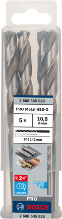 Mata Bor Puntir PRO Metal HSS-G Panjang Standar, 10,8 x 94 x 142 mm, 5 buah Mata bor putar Bosch PRO Metal HSS-G 10,8 mm 5 pcs.