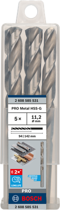 Mata Bor Puntir PRO Metal HSS-G Panjang Standar, 11,2 x 94 x 142 mm, 5 buah Mata bor Bosch PRO Metal HSS-G 11,2 mm isi 5