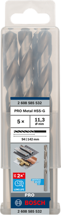 Mata Bor Puntir PRO Metal HSS-G Panjang Standar, 11,3 x 94 x 142 mm, 5 buah Mata bor Bosch PRO Metal HSS-G 11,3mm isi 5