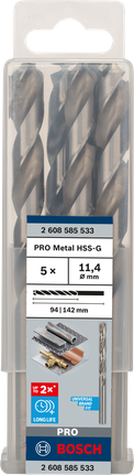 Mata Bor Puntir PRO Metal HSS-G Panjang Standar, 11,4 x 94 x 142 mm, 5 buah Set mata bor Bosch PRO Metal HSS-G 11,4 mm