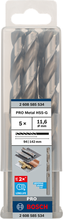 Mata Bor Puntir PRO Metal HSS-G Panjang Standar, 11,6 x 94 x 142 mm, 5 buah Mata bor Bosch PRO Metal HSS-G 11,6 mm isi 5