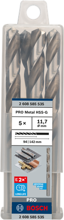 Mata Bor Puntir PRO Metal HSS-G Panjang Standar, 11,7 x 94 x 142 mm, 5 buah Mata bor Bosch PRO Metal HSS-G 11,7 mm isi 5.
