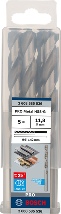 Mata Bor Puntir PRO Metal HSS-G Panjang Standar, 11,8 x 94 x 142 mm, 5 buah Mata bor putar Bosch PRO Metal HSS-G 11,8 mm isi 5.