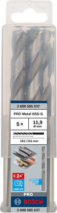 Mata Bor Puntir PRO Metal HSS-G Panjang Standar, 11,9 x 101 x 151 mm, 5 buah Mata bor putar Bosch PRO Metal HSS-G 11,9 mm isi 5.