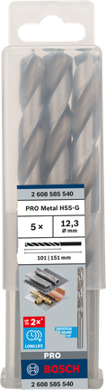 Mata Bor Puntir PRO Metal HSS-G Panjang Standar, 12,3 x 101 x 151 mm, 5 buah Mata bor Bosch PRO Metal HSS-G 12,3×151 mm isi 5