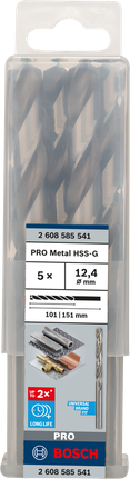 Mata Bor Puntir PRO Metal HSS-G Panjang Standar, 12,4 x 101 x 151 mm, 5 buah Mata bor Bosch PRO Metal HSS-G 12,4 mm isi 5