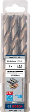 Mata Bor Puntir PRO Metal HSS-G Panjang Standar, 12,6 x 101 x 151 mm, 5 buah Set mata bor putar Bosch PRO Metal HSS-G 12,6 mm.