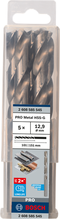 Mata Bor Puntir PRO Metal HSS-G Panjang Standar, 12,9 x 101 x 151 mm, 50 buah Set mata bor putar Bosch PRO Metal HSS-G 12,9 mm.