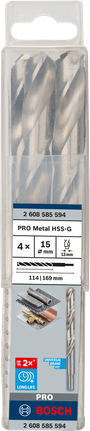Mata Bor Puntir PRO Metal HSS-G Panjang Standar, 15 x 114 x 169 mm, 4 buah Set mata bor putar Bosch PRO Metal HSS-G 15 mm.