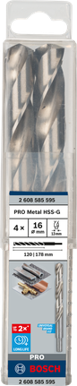 Mata Bor Puntir PRO Metal HSS-G Panjang Standar, 16 x 120 x 178 mm, 4 buah Mata bor Bosch PRO Metal HSS-G 16×120 mm paket isi 4.