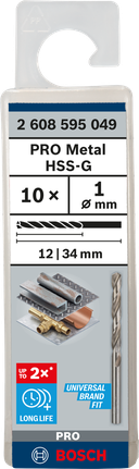 Mata Bor Puntir PRO Metal HSS-G Panjang Standar, 1 x 12 x 34 mm, 10 buah Mata bor putar Bosch PRO Metal HSS-G 1 mm 10 pcs.