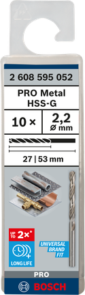 Mata Bor Puntir PRO Metal HSS-G Panjang Standar, 2,2 x 27 x 53 mm, 10 buah Mata bor putar Bosch PRO Metal HSS-G 2,2 mm isi 10.