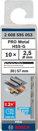 Mata Bor Puntir PRO Metal HSS-G Panjang Standar, 2,5 x 30 x 57 mm, 10 buah Mata bor Bosch PRO Metal HSS-G 2,5 mm isi 10.