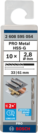 Mata Bor Puntir PRO Metal HSS-G Panjang Standar, 2,8 x 33 x 61 mm, 10 buah Mata bor putar Bosch PRO Metal HSS-G 2,8 mm isi 10.