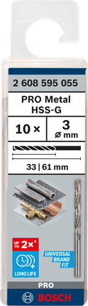 Mata Bor Puntir PRO Metal HSS-G Panjang Standar, 3 x 33 x 61 mm, 10 buah Paket mata bor putar Bosch PRO Metal HSS-G 3 mm.