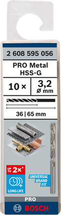 Mata Bor Puntir PRO Metal HSS-G Panjang Standar, 3,2 x 36 x 65 mm, 10 buah Mata bor Bosch PRO Metal HSS-G 3,2 mm isi 10