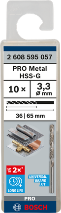 Mata Bor Puntir PRO Metal HSS-G Panjang Standar, 3,3 x 36 x 65 mm, 10 buah Mata bor Bosch PRO Metal HSS-G 3,3 mm isi 10.