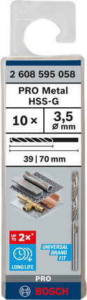 Mata Bor Puntir PRO Metal HSS-G Panjang Standar, 3,5 x 39 x 70 mm, 10 buah Mata bor putar Bosch PRO Metal HSS-G 3,5 mm isi 10