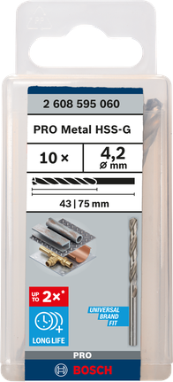 Mata Bor Puntir PRO Metal HSS-G Panjang Standar, 4,2 x 43 x 75 mm, 10 buah Set mata bor Bosch PRO Metal HSS-G 4,2 mm.