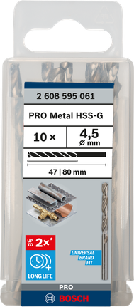 Mata Bor Puntir PRO Metal HSS-G Panjang Standar, 4,5 x 47 x 80 mm, 10 buah Paket mata bor Bosch PRO Metal HSS-G 4,5 mm
