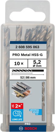 Mata Bor Puntir PRO Metal HSS-G Panjang Standar, 5,2 x 52 x 86 mm, 10 buah Set mata bor Bosch PRO Metal HSS-G 5,2 mm