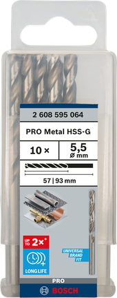 Mata Bor Puntir PRO Metal HSS-G Panjang Standar, 5,5 x 57 x 93 mm, 10 buah Paket mata bor Bosch PRO Metal HSS-G 5,5 mm.