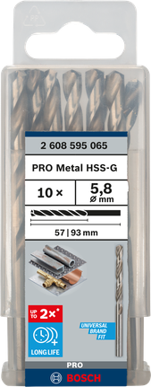 Mata Bor Puntir PRO Metal HSS-G Panjang Standar, 5,8 x 57 x 93 mm, 10 buah Mata bor Bosch PRO Metal HSS-G 5,8×93 mm isi 10.