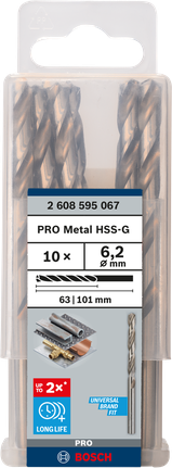 Mata Bor Puntir PRO Metal HSS-G Panjang Standar, 6,2 x 63 x 101 mm, 10 buah Mata bor Bosch PRO Metal HSS-G 6,2 mm isi 10.