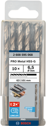 Mata Bor Puntir PRO Metal HSS-G Panjang Standar, 6,5 x 63 x 101 mm, 10 buah Mata bor Bosch PRO Metal HSS-G 6,5 mm isi 10