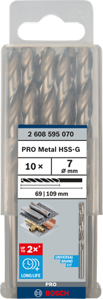 Mata Bor Puntir PRO Metal HSS-G Panjang Standar, 7 x 69 x 109 mm, 10 buah Mata bor putar Bosch PRO Metal HSS-G 7 mm isi 10