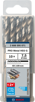 Mata Bor Puntir PRO Metal HSS-G Panjang Standar, 7,5 x 69 x 109 mm, 10 buah Mata bor putar Bosch PRO Metal HSS-G 7,5 mm isi 10