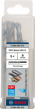 Mata Bor Puntir PRO Metal HSS-G Panjang Standar, 8 x 75 x 117 mm, 5 buah Mata bor Bosch PRO Metal HSS-G 8×75×117 mm isi 5