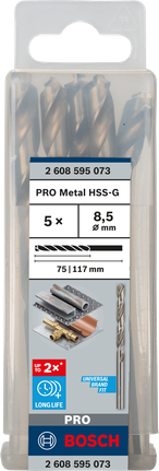 Mata Bor Puntir PRO Metal HSS-G Panjang Standar, 8,5 x 75 x 117 mm, 5 buah Paket mata bor Bosch PRO Metal HSS-G 8,5 mm.