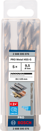 Mata Bor Puntir PRO Metal HSS-G Panjang Standar, 9,5 x 81 x 125 mm, 5 buah Paket mata bor Bosch PRO Metal HSS-G 9,5 mm