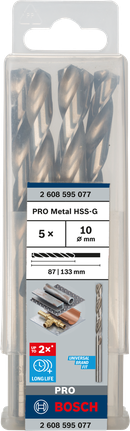 Mata Bor Puntir PRO Metal HSS-G Panjang Standar, 10 x 87 x 133 mm, 5 buah Set mata bor putar Bosch PRO Metal HSS-G 10 mm.