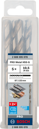 Mata Bor Puntir PRO Metal HSS-G Panjang Standar, 10,5 x 87 x 133 mm, 5 buah Mata bor Bosch PRO Metal HSS-G 10,5 mm isi 5