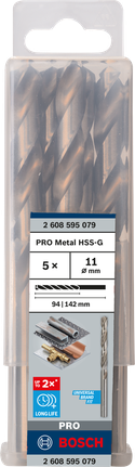 Mata Bor Puntir PRO Metal HSS-G Panjang Standar, 11 x 94 x 142 mm, 5 buah Mata bor Bosch PRO Metal HSS-G 11 mm isi 5.