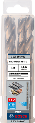 Mata Bor Puntir PRO Metal HSS-G Panjang Standar, 11,5 x 94 x 142 mm, 5 buah Mata bor Bosch PRO Metal HSS-G 11,5 mm