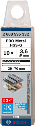 Mata Bor Puntir PRO Metal HSS-G Panjang Standar, 3,6 x 39 x 70 mm, 10 buah Mata bor Bosch PRO Metal HSS-G 3,6 mm isi 10