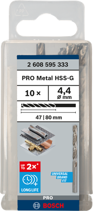Mata Bor Puntir PRO Metal HSS-G Panjang Standar, 4,4 x 47 x 80 mm, 10 buah Mata bor putar Bosch PRO Metal HSS-G 4,4 mm isi 10.