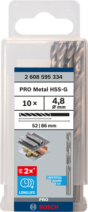 Mata Bor Puntir PRO Metal HSS-G Panjang Standar, 4,8 x 52 x 86 mm, 10 buah Mata bor Bosch PRO Metal HSS-G 4,8 mm isi 10