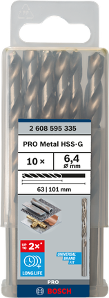 Mata Bor Puntir PRO Metal HSS-G Panjang Standar, 6,4 x 63 x 101 mm, 10 buah Mata bor logam Bosch HSS-G 6,4 mm isi 10