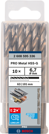 Mata Bor Puntir PRO Metal HSS-G Panjang Standar, 6,7 x 63 x 101 mm, 10 buah Paket mata bor putar Bosch PRO Metal HSS-G 6,7 mm.