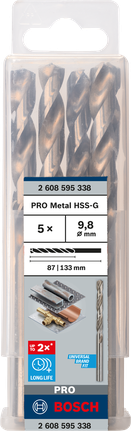 Mata Bor Puntir PRO Metal HSS-G Panjang Standar, 9,8 x 87 x 133 mm, 5 buah Set mata bor putar Bosch PRO Metal HSS-G 9,8 mm isi 5 pcs