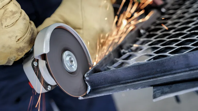 Orang yang mengenakan peralatan keselamatan memotong jaring logam dengan penggiling sudut yang berputar.