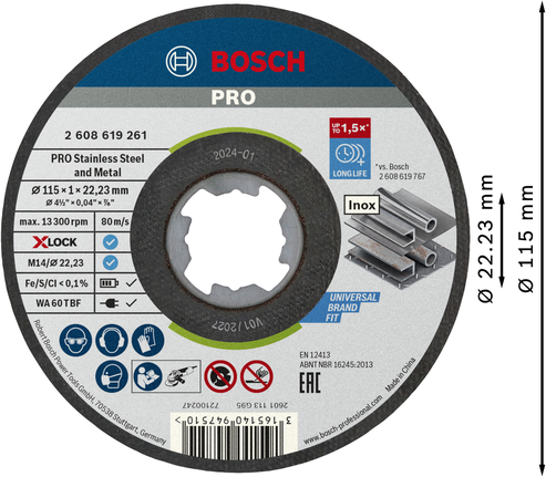 Bosch PRO Cakram Pemotong Baja Tahan Karat dan Logam 115 mm X-Lock.