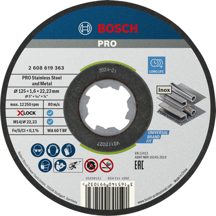 Cakram pemotong Bosch PRO X-Lock untuk baja tahan karat dan logam.