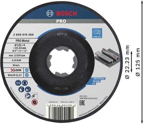 PRO Metal Bonded Grinding Disc, 125 x 6 x 22.23 mm, X-Lock Cakram pengasah Bosch PRO Metal Bonded X-Lock 125mm.